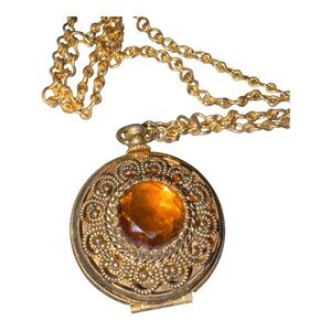 Vintage Gold Filigree Locket Necklace Amber Glass Stone Pendant 30” J20